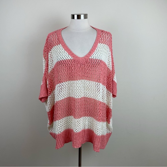 Almost Pink White Stripe Crochet Knit Blouse Top Women Medium - Picture 1 of 6